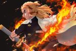  1boy black_jacket blonde_hair cape closed_mouth fire floating_hair highres holding holding_sword holding_weapon jacket kimetsu_no_yaiba long_hair male_focus military_jacket multicolored_hair noinoi_no1 one_side_up profile redhead rengoku_kyoujurou smile solo sword tied_hair two-tone_hair weapon white_cape yellow_eyes 