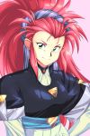  1girl breasts green_eyes hakubi_washuu hand_on_hip harleequeen highres long_hair looking_at_viewer medium_breasts ponytail purple_background redhead smile solo spiky_hair tenchi_muyou! upper_body 