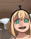  1girl :d amano_pikamee black_hairband blonde_hair bra bra_strap bright_pupils car_interior close-up commentary english_commentary gon_(piesonscreation) green_bra green_eyes hairband highres looking_at_viewer meme open_mouth parody photo-referenced riff_raff_(rapper) sharp_teeth short_hair smile solo teeth underwear voms 