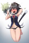  1girl animal_ears arm_up armpits bare_legs bare_shoulders barefoot black_hair black_panties blush breasts cat_ears cat_girl cat_tail closed_eyes d: eyebrows_visible_through_hair fangs feather_duster full-face_blush full_body full_moon gradient gradient_background grey_background grey_hair highres holding kyaru_(princess_connect) long_hair maggot medium_breasts moon motion_lines multicolored_hair navel open_mouth panties ponytail princess_connect! sd_bigpie sleeveless solo stomach streaked_hair sweat tail thigh_gap underwear uvula v-shaped_eyebrows 