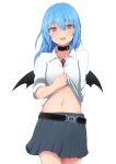  1girl arm_behind_back bat_wings belt black_choker blue_hair breasts bright_pupils choker contemporary cowboy_shot eyebrows_visible_through_hair fang grey_skirt hair_between_eyes head_tilt highres jewelry lifted_by_self looking_at_viewer midriff mizune_(winter) navel open_mouth original pendant pleated_skirt pointy_ears red_eyes shirt shirt_lift short_hair simple_background skin_fang skirt sleeves_rolled_up small_breasts solo white_background white_pupils white_shirt wings 