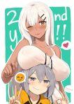  2girls anniversary breasts breasts_apart dark_skin emoticon girls_frontline highres kion-kun large_breasts m200_(girls_frontline) m590_(girls_frontline) multiple_girls ok_sign one_eye_closed smile v 