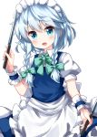  1girl :d apron bangs blue_dress blue_eyes blush bow bowtie braid commentary_request cowboy_shot dress eyebrows_visible_through_hair green_bow green_neckwear hair_between_eyes hair_bow hand_up highres holding holding_knife holding_weapon izayoi_sakuya knife looking_at_viewer maid maid_apron maid_headdress open_mouth petticoat puffy_short_sleeves puffy_sleeves ruu_(tksymkw) shirt short_hair short_sleeves silver_hair simple_background smile solo touhou twin_braids waist_apron weapon white_apron white_background white_shirt wing_collar wrist_cuffs 