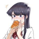  1girl bangs black_eyes black_hair blush bow bowtie chocolate_cornet commentary_request ear_blush eating embarrassed eyebrows_visible_through_hair eyes_visible_through_hair food full-face_blush hand_blush highres komi-san_wa_komyushou_desu komi_shouko long_hair looking_at_viewer mitsugu nose_blush open_mouth school_uniform shirt simple_background solo striped striped_bow striped_neckwear sweatdrop upper_body white_background white_shirt 