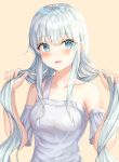  1girl :d absurdres bangs bare_shoulders blue_eyes blush breasts brown_background bunching_hair collarbone commentary_request dress eyebrows_visible_through_hair hair_between_eyes hands_up highres kokose korean_commentary long_hair medium_breasts open_mouth original silver_hair simple_background single_strap sleeveless sleeveless_dress smile solo upper_body very_long_hair white_dress 