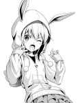  1girl alice_gear_aegis animal_ears animal_hood backpack bag blush_stickers bunny_hood character_request commentary_request cowboy_shot fake_animal_ears greyscale hood hooded_jacket jacket layered_skirt long_hair looking_at_viewer monochrome one_eye_closed pinakes rabbit_ears skirt sleeves_past_wrists solo 