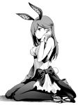 1girl alice_gear_aegis animal_ears bow bowtie breasts bunny_girl bunny_tail character_request commentary_request full_body greyscale hair_tucking highres large_breasts long_hair looking_away monochrome panties pinakes rabbit_ears ribbon sitting sleeveless solo tail underwear wariza wrist_cuffs 