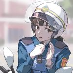  1girl brown_eyes brown_hair day helmet highres looking_to_the_side original outdoors parted_lips police police_uniform policewoman solo taiwan tennohi uniform vest watch watch 