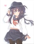  1girl akatsuki_(kantai_collection) alternate_hairstyle anchor_symbol bangs belly_peek black_hair black_headwear black_legwear black_sailor_collar black_skirt blush closed_mouth commentary_request dated eyebrows_visible_through_hair flat_cap floating_hair fujisaki_yuu hair_between_eyes hand_up hat heart index_finger_raised kantai_collection long_hair long_sleeves looking_at_viewer navel neckerchief pantyhose pleated_skirt ponytail red_neckwear sailor_collar school_uniform serafuku shirt skirt smile solo twitter_username very_long_hair violet_eyes white_background white_shirt 