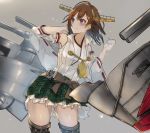  1girl boots brown_hair commentary_request cowboy_shot detached_sleeves flipped_hair green_skirt grey_background hairband headgear hiei_(kantai_collection) highres japanese_clothes kantai_collection leaning_to_the_side looking_up machinery plaid plaid_skirt popped_collar remodel_(kantai_collection) ribbon-trimmed_sleeves ribbon_trim short_hair simple_background skirt solo standing taki_rentaro thigh-highs thigh_boots violet_eyes 