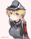  1girl ahenn aqua_eyes blonde_hair breasts eyebrows_visible_through_hair hair_between_eyes hat kantai_collection large_breasts long_hair long_sleeves low_twintails military military_hat military_uniform peaked_cap pink_background prinz_eugen_(kantai_collection) simple_background smile solo twintails twitter_username uniform upper_body 