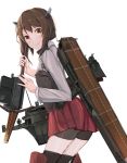  1girl bike_shorts black_shorts bow_(weapon) brown_eyes brown_hair cowboy_shot crossbow flat_chest flight_deck headband headgear highres kantai_collection long_sleeves miniskirt nanana_(sp6z7fa9) pleated_skirt red_skirt rigging shirt shorts simple_background skirt solo standing taihou_(kantai_collection) weapon white_background white_shirt 