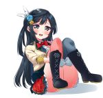  1girl ass bangs beige_jacket black_footwear black_hair black_legwear blue_flower blue_rose blush boots bow commentary_request dress feathers flower frills gloves grey_eyes hair_feathers hair_flower hair_ornament highres knees_up long_hair looking_at_viewer love_live! love_live!_school_idol_project pink_legwear red_bow red_neckwear rose shirt simple_background solo totoki86 upper_teeth white_background white_gloves white_shirt yuuki_setsuna_(love_live!) 