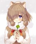  1girl alpaca_ears alpaca_girl alpaca_suri_(kemono_friends) animal_ears beige_fur beige_vest blue_eyes clover commentary_request eyebrows_visible_through_hair four-leaf_clover fur_collar fur_trim hair_bun hair_over_one_eye hair_tubes holding_plant ichi001 kemono_friends long_sleeves neck_ribbon red_neckwear ribbon short_hair solo sweater upper_body white_hair white_sweater 