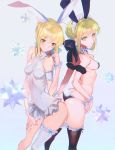  2girls animal_ears arm_strap artoria_pendragon_(all) artoria_pendragon_(swimsuit_rider_alter) ass-to-ass bare_shoulders bikini black_legwear blonde_hair breasts bunny_tail fate/grand_order fate/stay_night fate_(series) frilled_bikini frilled_legwear frills hair_bun hair_ribbon highres maid_headdress multiple_girls rabbit_ears ribbon saber saber_alter single_thighhigh small_breasts solo swimsuit tail thigh-highs thigh_strap yaku_(ziroken) yellow_eyes 