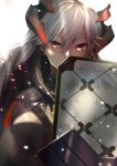  1girl absurdres arknights bangs brown_eyes commentary grey_shirt hair_between_eyes highres horns light_particles long_hair looking_at_viewer ochkis saria_(arknights) shield shirt silver_hair simple_background solo upper_body white_background 