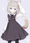  1girl animal_ear_fluff animal_ears arm_up bangs black_bow black_dress black_legwear blue_eyes bow capriccio chestnut_mouth collared_shirt commentary_request dog_ears dog_girl dog_tail dress eyebrows_visible_through_hair grey_background grey_hair hair_between_eyes long_hair looking_at_viewer open_mouth original pantyhose pleated_dress shirt simple_background sleeveless sleeveless_dress solo tail translation_request white_shirt 