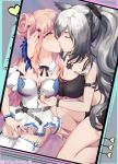  2girls animal_ears arknights bangs bare_shoulders belt black_bra black_nails black_shorts black_tank_top blue_nails bra bracelet ceylon_(arknights) chinese_commentary collar commentary detached_collar dress eyebrows_behind_hair fingernails garter_straps grey_belt heart hexagram highres jewelry kiss long_hair meng_tujiang midriff multiple_girls nail_polish necklace pink_hair ponytail ring schwarz_(arknights) shorts star_of_david tank_top thigh-highs underwear unzipping weibo_logo weibo_username white_collar white_dress white_legwear yellow_eyes yuri zipper 