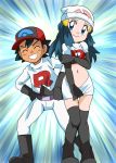  1boy 1girl alternate_costume beanie blue_eyes blue_hair breasts closed_mouth cosplay elbow_gloves gloves hainchu hat hikari_(pokemon) long_hair midriff navel open_mouth pokemon pokemon_(anime) pokemon_dppt_(anime) satoshi_(pokemon) skirt smile thigh-highs white_headwear 