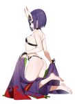  1girl absurdres ass back bangs bare_shoulders barefoot_sandals blush bob_cut breasts bridal_gauntlets eyeliner fate/grand_order fate_(series) feet headpiece highres horns japanese_clothes kimono kimono_removed leewh1515 legs looking_at_viewer looking_back makeup oni oni_horns open_mouth pointy_ears purple_hair purple_kimono revealing_clothes short_hair shuten_douji_(fate/grand_order) simple_background skin-covered_horns small_breasts smile solo violet_eyes white_background 