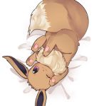 :3 clarevoir closed_mouth commentary creature eevee english_commentary full_body gen_1_pokemon looking_at_viewer lying no_humans on_back one_eye_closed pokemon pokemon_(creature) simple_background solo violet_eyes white_background 