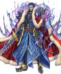  1boy alternate_costume armor armored_boots ashnard_(fire_emblem) aura beard belt blue_hair boots cape facial_hair fire_emblem fire_emblem:_path_of_radiance fire_emblem_heroes full_body fur_trim gloves glowing glowing_eyes highres izuka_daisuke official_art red_eyes solo sword teeth transparent_background weapon 