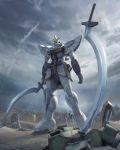  absurdres boshi_(13922461099) clouds cloudy_sky desert green_eyes gundam gundam_sandrock gundam_wing highres holding holding_weapon huge_filesize mecha no_humans open_hand sickle sky solo_focus weapon 