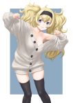  alternate_costume armpits black_legwear blonde_hair blue_background blue_eyes border breasts commentary_request feet_out_of_frame gambier_bay_(kantai_collection) hairband highres kantai_collection large_breasts oversized_clothes skindentation smile sweater t2r thigh-highs twintails unbuttoned white_border 