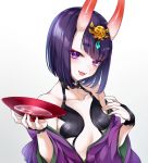  1girl alcohol bangs bare_shoulders blush bob_cut breasts bridal_gauntlets collarbone cup eyeliner fangs fate/grand_order fate_(series) gradient gradient_background headpiece highres horns japanese_clothes kanon_(ikamiso) kimono long_sleeves looking_at_viewer makeup off_shoulder oni oni_horns open_mouth purple_hair purple_kimono revealing_clothes sakazuki sake short_eyebrows short_hair shuten_douji_(fate/grand_order) skin-covered_horns small_breasts smile solo violet_eyes wide_sleeves 