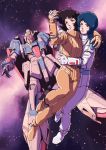  1boy 1girl black_hair blue_eyes blue_hair fa_yuiry floating_hair gundam highres holding_hands hug kamille_bidan mecha orange_eyes pilot_suit rx-78-2 space teikoku_jokyoku zeta_gundam zeta_gundam_(mobile_suit) 