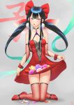  1girl absurdres bangs black_hair blush bow breasts commentary_request darkmuleth dress eyebrows_visible_through_hair flower hair_bow highres holding holding_dress jewelry kneeling long_hair original red_bow red_dress red_footwear red_legwear simple_background solo violet_eyes 