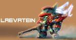  ag_00000 arx-8_laevatein chibi clenched_hand floating_hair full_metal_panic! green_eyes gun highres looking_to_the_side mecha orange_background solo weapon white_hair 