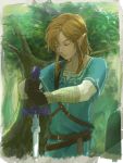  1boy belt blonde_hair blue_shirt closed_eyes earrings gloves jewelry link long_hair master_sword shirt the_legend_of_zelda the_legend_of_zelda:_breath_of_the_wild toroyuri tree 