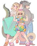 3girls african_rock_python_(kemono_friends) alternate_costume animal_ears anteater_ears anteater_tail arm_behind_head arm_up bare_arms bare_legs bare_shoulders bear_ears black_eyes black_hair blonde_hair brown_eyes camisole closed_mouth contemporary eyebrows_visible_through_hair ezo_brown_bear_(kemono_friends) fingernails full_body grey_hair hairband hands_up headband highres igarashi_(nogiheta) kemono_friends knees_together_feet_apart light_brown_hair long_skirt long_sleeves looking_afar looking_at_viewer multicolored multicolored_clothes multicolored_hair multiple_girls nail_polish open_mouth pants redhead ribbed_sweater sandals semi-rimless_eyewear short_hair short_sleeves silky_anteater_(kemono_friends) simple_background skirt skirt_hold sleeves_past_wrists slit_pupils smile snake_tail standing sunglasses sweater tail tied_hair toenails toes two-tone_hair under-rim_eyewear violet_eyes white_background