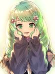  1girl bow fire_emblem fire_emblem:_three_houses flayn_(fire_emblem) garreg_mach_monastery_uniform green_eyes green_hair hair_ornament highres long_hair long_sleeves open_mouth satukiseki_jo666 simple_background solo uniform upper_body white_background 