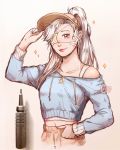  1girl artist_name blue_sweater bra bra_strap clivenzu closed_mouth commentary cowboy_shot english_commentary eyepatch fingernails graphite_(medium) hand_in_pocket hand_on_headwear hand_up high_ponytail highres looking_at_viewer mechanical_pencil medical_eyepatch mixed_media navel one_eye_covered original pencil photo ponytail smile solo sweater traditional_media twitter_username underwear violet_eyes visor_cap white_bra white_hair 