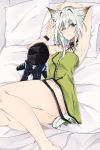  1girl animal_ear_fluff animal_ears arknights armpits arms_up bangs bare_arms bare_legs bare_shoulders bed black_choker breasts character_doll choker commentary criss-cross_halter doctor_(arknights) dress english_commentary eyebrows_visible_through_hair feet_out_of_frame green_dress grey_eyes hair_between_eyes hair_intakes halterneck highres kal&#039;tsit_(arknights) looking_at_viewer lying on_back one_eye_closed ore_lesion_(arknights) pillow pokarii_zuu short_dress short_hair silver_hair small_breasts solo tail thighs wristband 