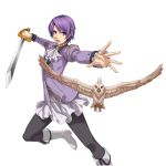 1girl artist_request bird black_legwear boots breasts eiyuu_densetsu falcon highres holding holding_sword holding_weapon klose_rinz long_sleeves looking_at_viewer official_art open_mouth purple_hair short_hair small_breasts sora_no_kiseki sword transparent_background weapon 