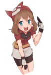  1girl bandana bike_shorts blue_eyes breasts brown_hair haruka_(pokemon) highres looking_at_viewer medium_hair nyonn24 open_mouth pokemon pokemon_(game) pokemon_rse smile solo 