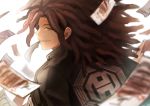  1boy back brown_eyes brown_hair chiko_(d04099) dangan_ronpa hagakure_yasuhiro hairlocs long_sleeves looking_at_viewer looking_back male_focus mouth_hold ofuda paper simple_background solo upper_body white_background 