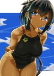  1girl arms_behind_back bangs bare_arms bare_hips bare_shoulders bent_over black_swimsuit blue_eyes blue_sky blush breasts clothes_writing clouds collarbone competition_swimsuit cowboy_shot dark_skin day eyebrows_visible_through_hair green_hair hand_on_own_arm highleg highleg_swimsuit highres long_hair looking_at_viewer medium_breasts one-piece_swimsuit original parted_lips ponytail sidelocks sky solo striped swimsuit thigh_gap vertical-striped_swimsuit vertical_stripes very_long_hair yuzu_lemon 