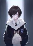 1girl animal bangs black_hair black_jacket blue_eyes cat closed_mouth collar collared_shirt commentary_request fur fur-trimmed_hood fur_trim holding holding_animal holding_cat hood iris_(user_pskd5754) jacket lips long_sleeves looking_at_viewer original shirt short_hair simple_background solo standing upper_body white_shirt 
