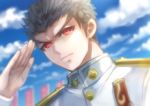  1boy black_hair blue_sky buttons chiko_(d04099) closed_mouth clouds collar dangan_ronpa epaulettes ishimaru_kiyotaka long_sleeves looking_at_viewer male_focus outdoors red_eyes salute short_hair sky solo spiky_hair upper_body 