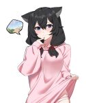  1girl @_@ absurdres animal_ears bangs black_hair black_nails blue_eyes blush cat_ears cat_girl dangogo eyebrows_visible_through_hair finger_to_mouth hair_between_eyes hair_ribbon highres hood hoodie hoodie_lift lifted_by_self long_hair low_twintails nail_polish original panties pink_hoodie pink_panties ribbon simple_background smile solo striped striped_panties sweatdrop thought_bubble twintails underwear upper_body white_background white_panties 