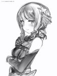  1girl ascot bare_shoulders blush closed_mouth copyright_request elbow_gloves from_side gloves greyscale hair_ornament hand_up highres index_finger_raised looking_at_viewer monochrome nanashi_(nlo74593630) short_hair simple_background smile solo upper_body white_background 