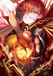  absurdres black_bodysuit bodysuit cape chain collared_cape family_crest fang fate/grand_order fate_(series) hair_over_one_eye highres long_hair oda_nobunaga_(fate) oda_nobunaga_(fate)_(all) oda_nobunaga_(maou_avenger)_(fate) oda_uri popped_collar red_cape red_eyes redhead smile tsumiki_(pixiv27467421) 