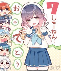  &gt;_&lt; 6+girls akasaka_yuzu anniversary aqua_neckwear bangs black_legwear blue_skirt blush closed_eyes etorofu_(kantai_collection) eyebrows_visible_through_hair fang fangs fukae_(kantai_collection) glasses gloves gradient_hair hair_ornament hairclip hat hirato_(kantai_collection) kantai_collection long_hair matsuwa_(kantai_collection) multicolored_hair multiple_girls official_art open_mouth pleated_skirt sado_(kantai_collection) sailor_collar school_uniform serafuku short_sleeves signature skin_fang skirt thigh-highs tsushima_(kantai_collection) white_gloves white_headwear 