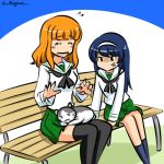  animal_on_lap bangs bench black_hair blunt_bangs cat girls_und_panzer hairband kogane_(staygold) long_hair long_sleeves lowres multiple_girls ooarai_school_uniform orange_hair park_bench pleated_skirt reizei_mako school_uniform serafuku sitting sitting_on_lap sitting_on_person skirt takebe_saori thigh-highs 