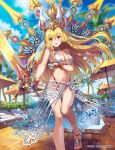  1girl :o bare_arms bare_shoulders bikini blonde_hair clouds code_of_joker day eihi gauntlets halterneck headdress highleg highleg_bikini holding holding_sword holding_weapon jewelry long_hair looking_at_viewer navel neck_ring official_art open_mouth outdoors pool red_eyes sandals sarong solo standing stomach swimsuit sword thighs very_long_hair weapon white_bikini 