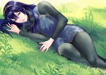  1girl ameno_(a_meno0) black_bodysuit blue_eyes blue_hair bodysuit day fire_emblem fire_emblem_awakening grass hair_between_eyes hairband long_hair long_sleeves looking_at_viewer lucina lucina_(fire_emblem) lying on_side open_mouth outdoors shiny shiny_hair smile solo 